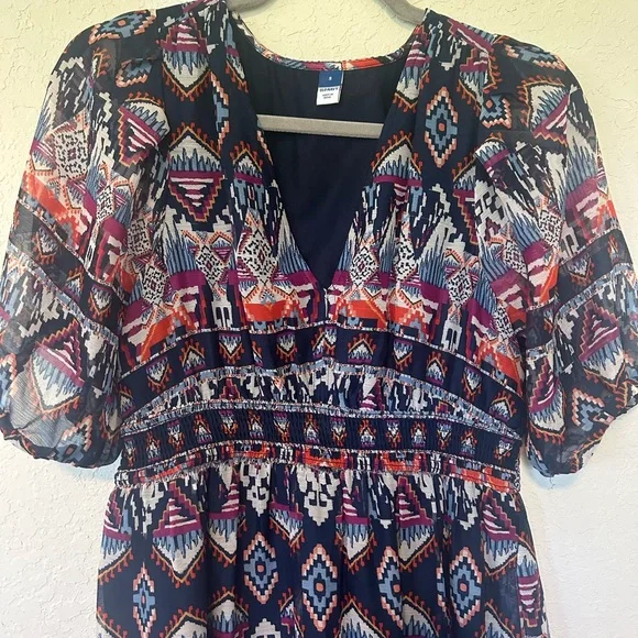 Boho Old Navy Waist-Defined V-Neck Midi Dress Blue Aztec Geometric Print - Picture 3 of 10